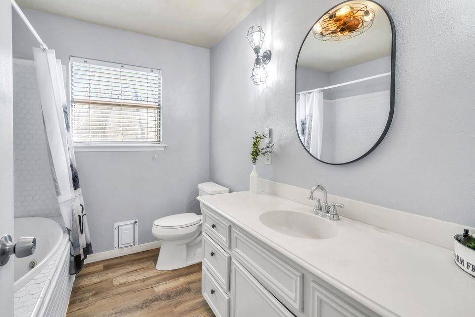 This bathroom features tub and shower combo.