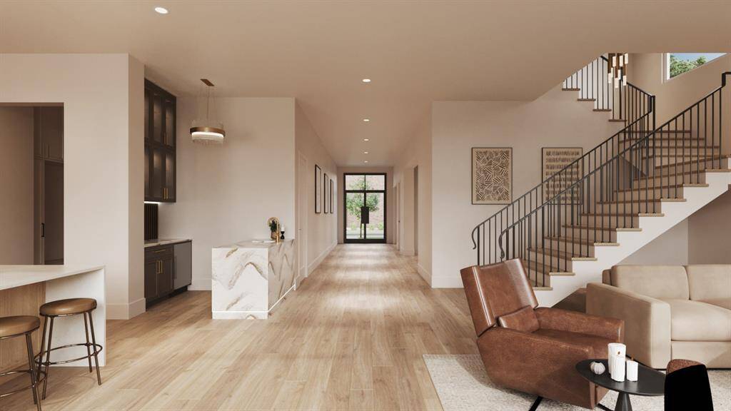 Breakfast Area with open floating shelves and a Sliding Glass door with access to the outdoor Pavillion.
