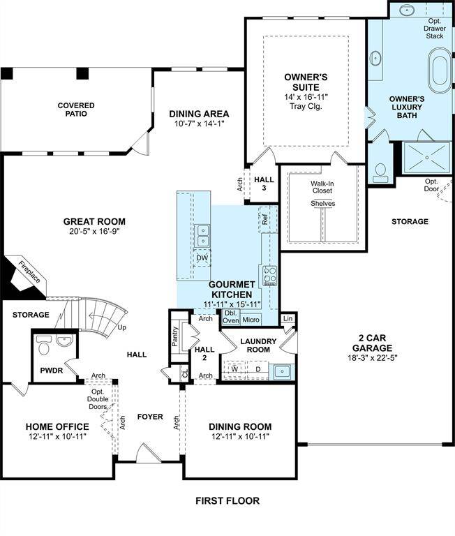 The Louise floor plan by K. Hovnanian® Homes. 1st Floor shown. *Prices, plans, dimensions, features, specifications, materials, and availability of homes or communities are subject to change without notice or obligation.