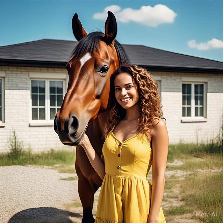 This photo showcases a country home with a welcoming entrance featuring a gate and brick pillars. The image emphasizes a horse-friendly environment, appealing to equestrian enthusiasts.
