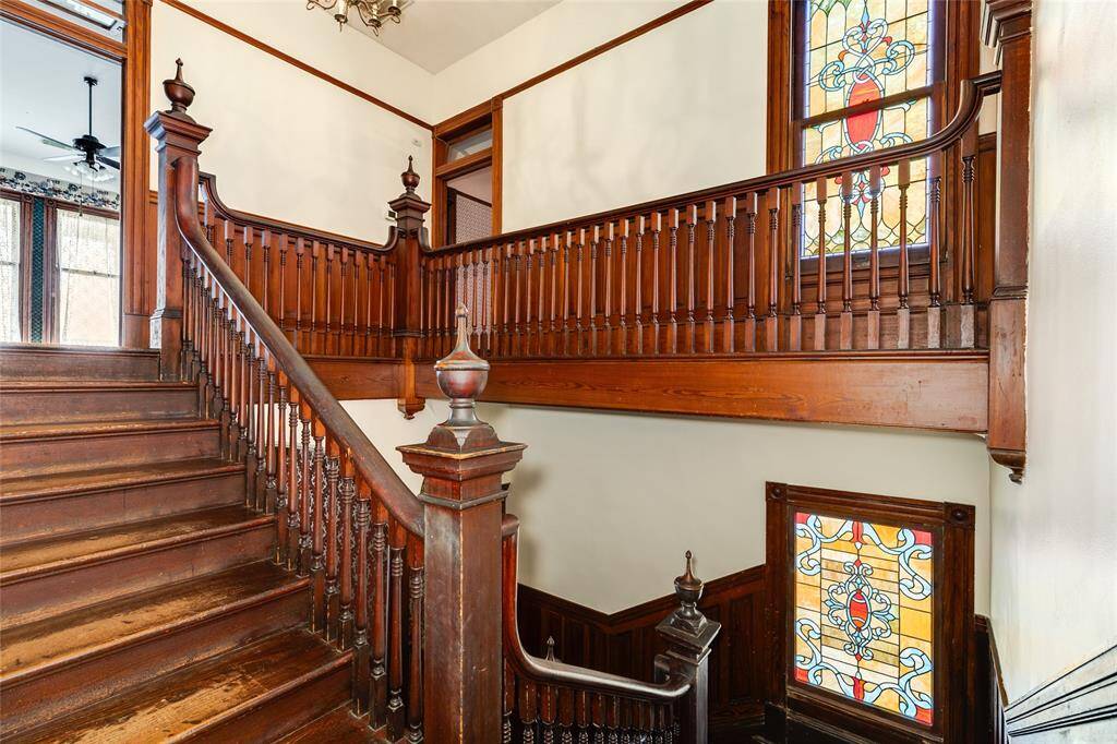 In this shot you can see both of the beautiful stained glass windows adorning the staircase.