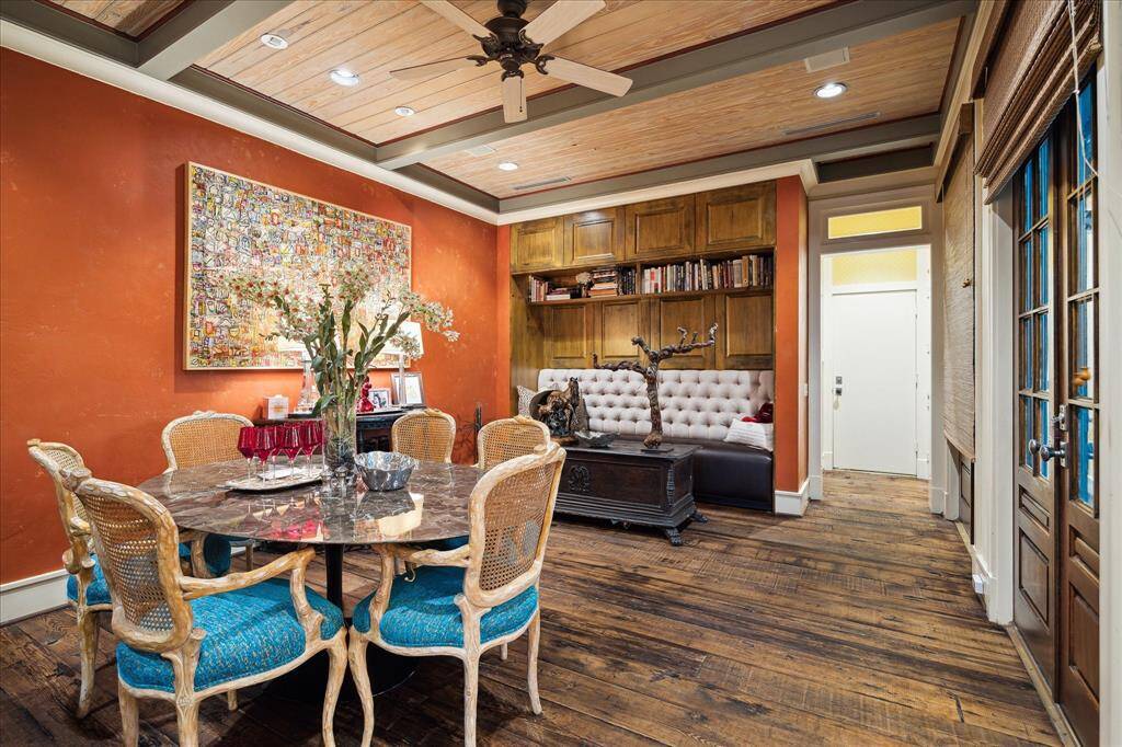 A close up of breakfast area.  The built-in bench invites a moment for relaxing.