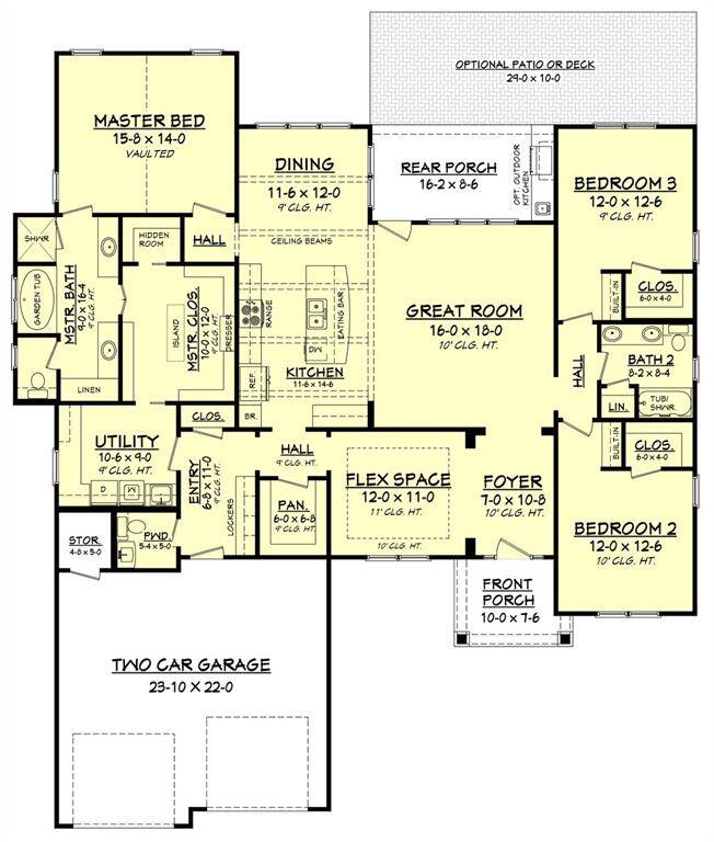 This floor plan will be modified to add 4 extra feet to the width of the Primary bedroom, allowing for a sitting area. At this stage a 3 car garage or golf cart garage can be added too.