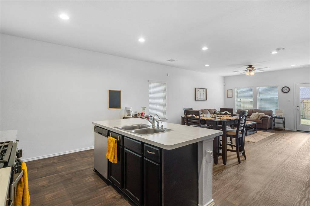 Large island looks out on living area.