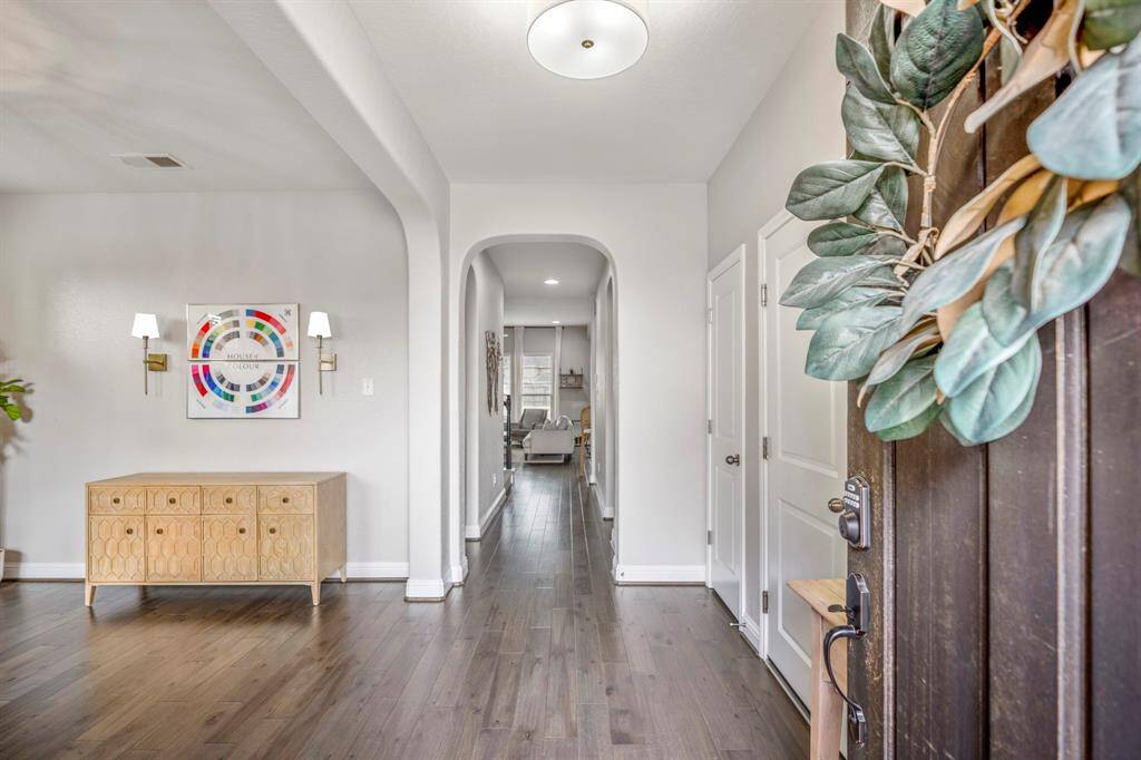 The entry way is bright, open, and features wood flooring that extends through the main living areas giving the home a warm and inviting feel. To the left you find a large bonus space that's perfect for a home office, sitting room, or library!