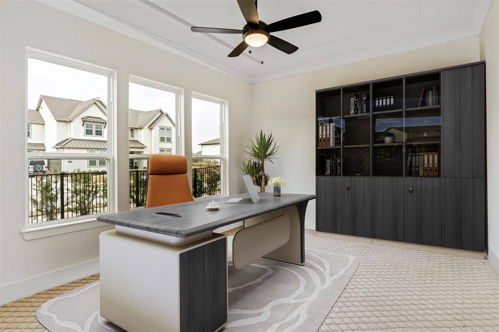 Elegant and bright home office, beautiful virtually staged to inspire productivity and style.