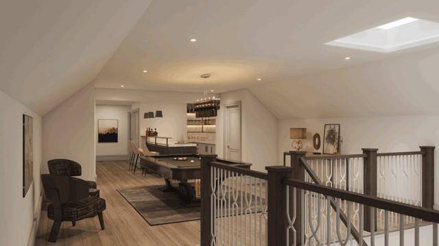 Rendering of game room/Pool room on third level. Guest room with full bath on this level as well as media room. Natural light provided by skylight and dormer windows overlooking Chevy Chase.