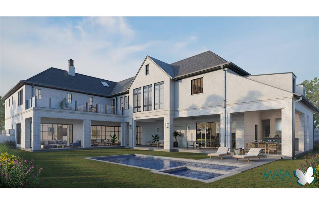 Rendering of back elevation of 3653 Chevy Chase Drive. This is built and completion can be a mere 60 days away! Landscaping very soon. Awesome back porch overlooks pool and private back yard. Upstairs balcony is accessed from the primary bedroom suite. Summer kitchen, pool bath and 4 car garage.