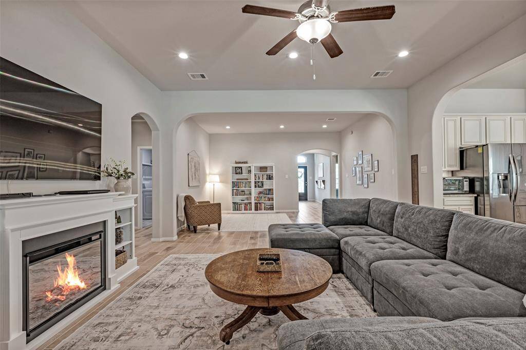 Cozy living area with built in shelving.