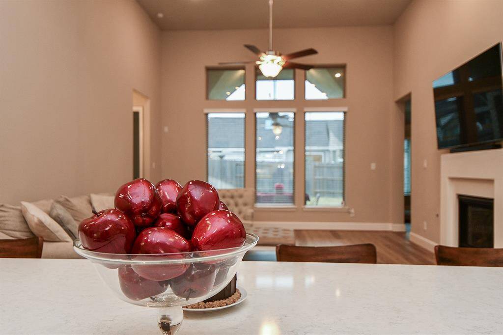View from the  kitchen overlooking the living room with view of the expansive covered patio.