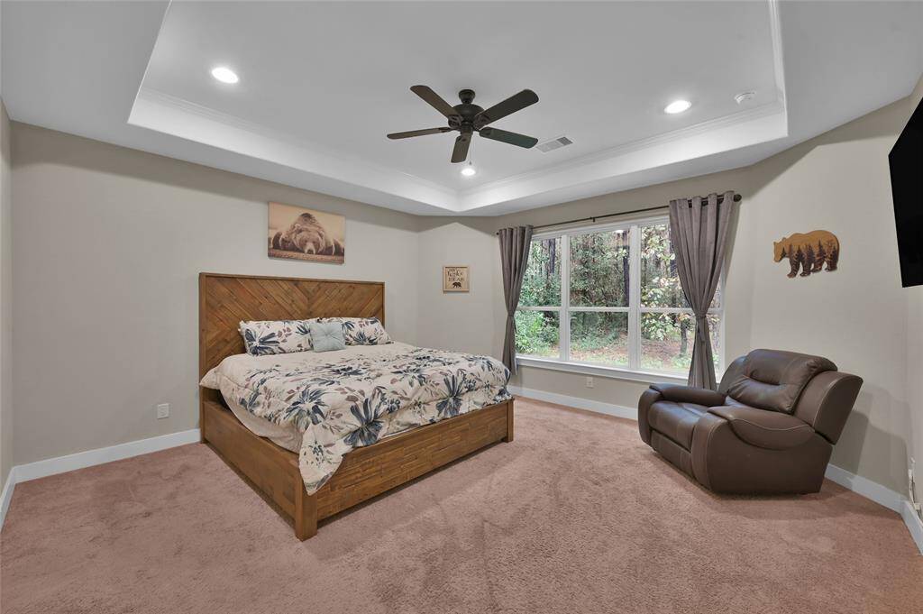 Spacious primary bedroom featuring elegant tray ceilings.