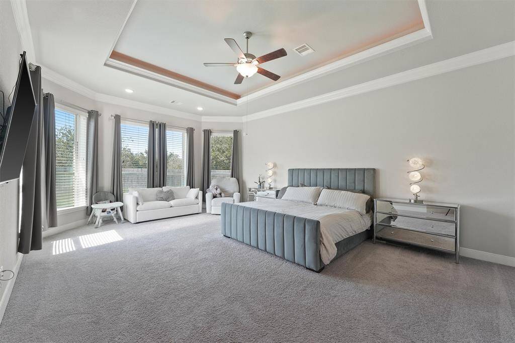 Spacious main bedroom with sitting area, elegant tray ceilings and neutral tones for a serene atmosphere.
