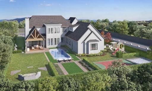 Endless possibilities—this rendering showcases the many ways this expansive backyard can be utilized, from a luxurious pool and cozy outdoor living space to a sports court, playground, and more!