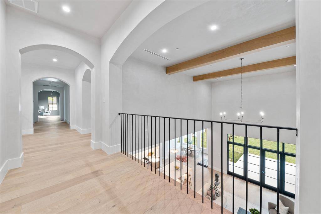 Open view at the top of the stairs. No detail is left untouched. The venetian plaster walls, stunning arches, hand-scrapped hardwoods all carry throughout the home.