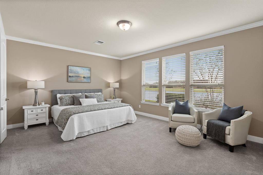Step into the owner's suite, a space that exudes luxury & comfort. This expansive room is adorned with crown molding - with plush carpet.
