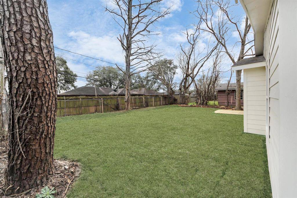 Spacious backyard with a well-maintained lawn, bordered by a wooden fence and mature trees, offering privacy and potential for outdoor activities or gardening.