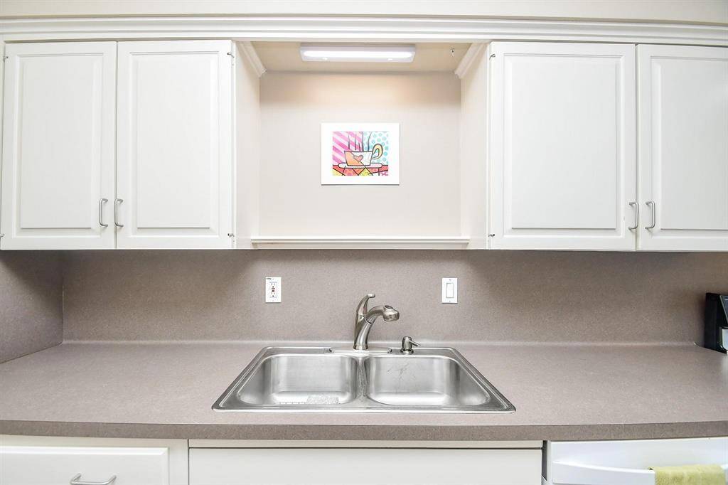 This photo showcases a clean, modern kitchen with white cabinetry and a double sink set in a neutral-toned countertop.