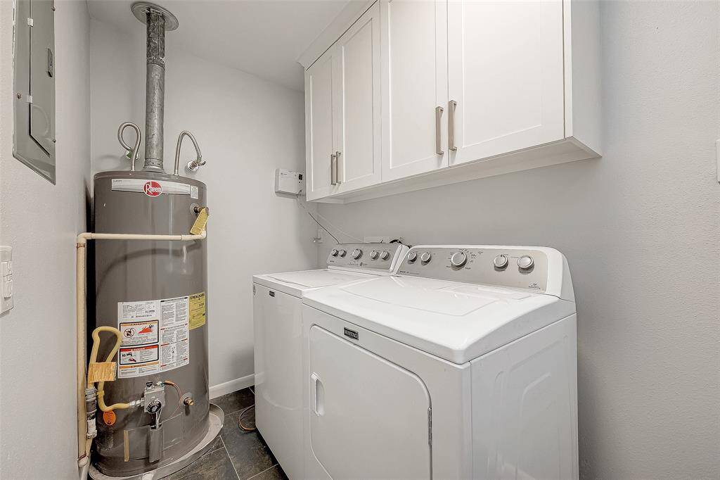Utility room has the electrical panel, water heater and storage above the washing machine and dryer.  There is also a large closet for brooms and supplies.