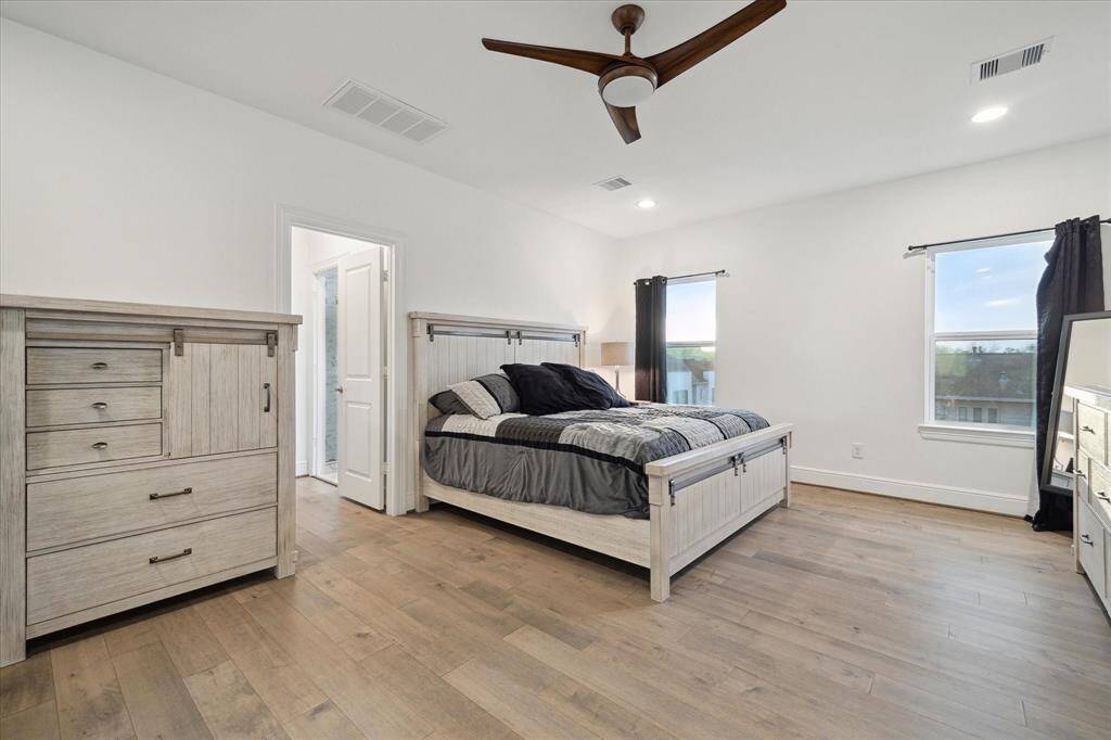primary is 13x20, sleek modern fan, carpetless, LED lighting.