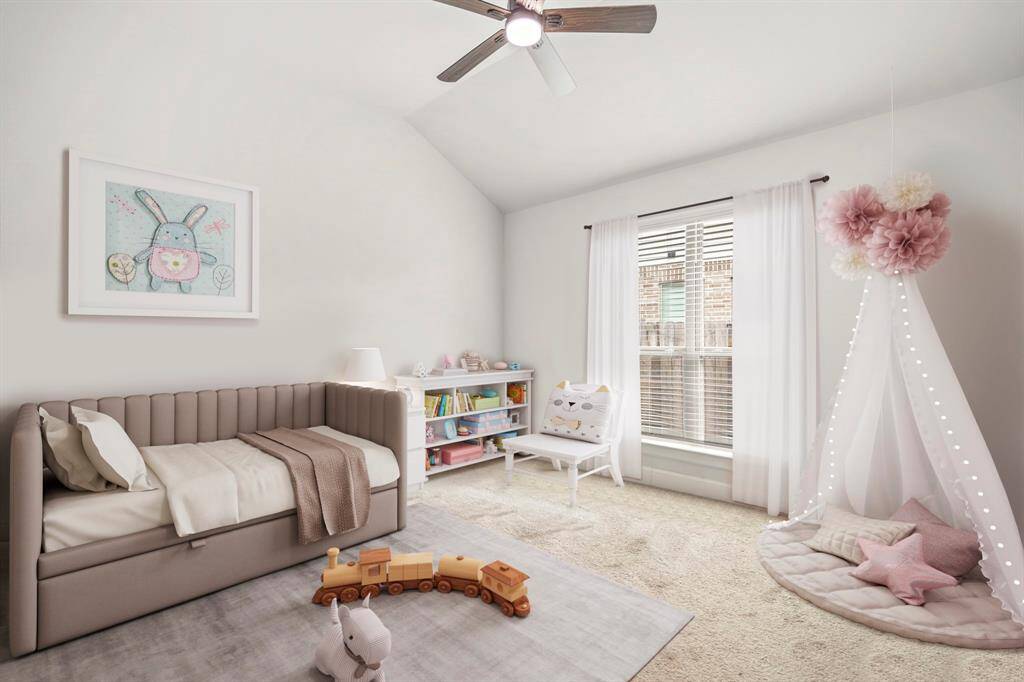 Another spacious secondary bedroom with bright natural light, neutral paint, plush carpet, and a private vanity area! *This room has been virtually staged