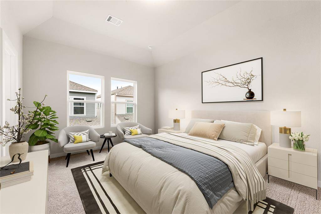 What a wonderful place to come home to, this stunning primary suite greets you with plush carpet, a warm custom paint, high ceiling, lovely large windows allowing in natural light brightening up this spacious primary bedroom, with extra space for a seating area. *Virtually Staged
