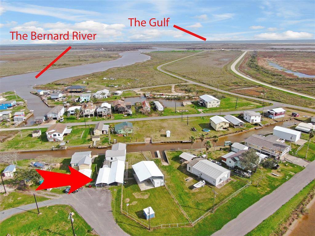 Arial photo of proximity to The San Bernard River, ICW, and the Gulf