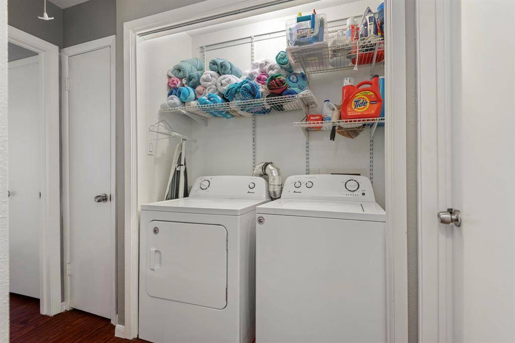 Your in home laundry room is located upstairs with plenty of storage. Washer and dryer included with the lease.