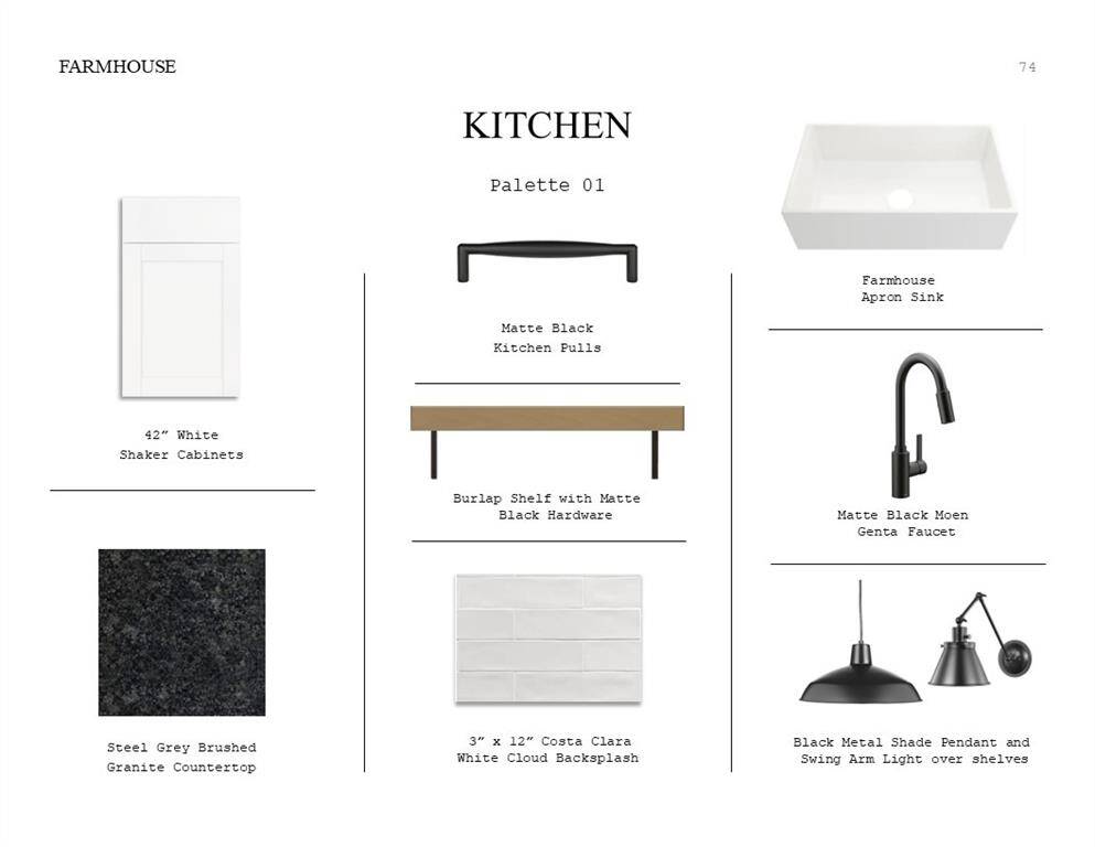 Farmhouse Look Palette 1: Kitchen Selection Sheet (*Artist rendering used for illustration purposes only.)