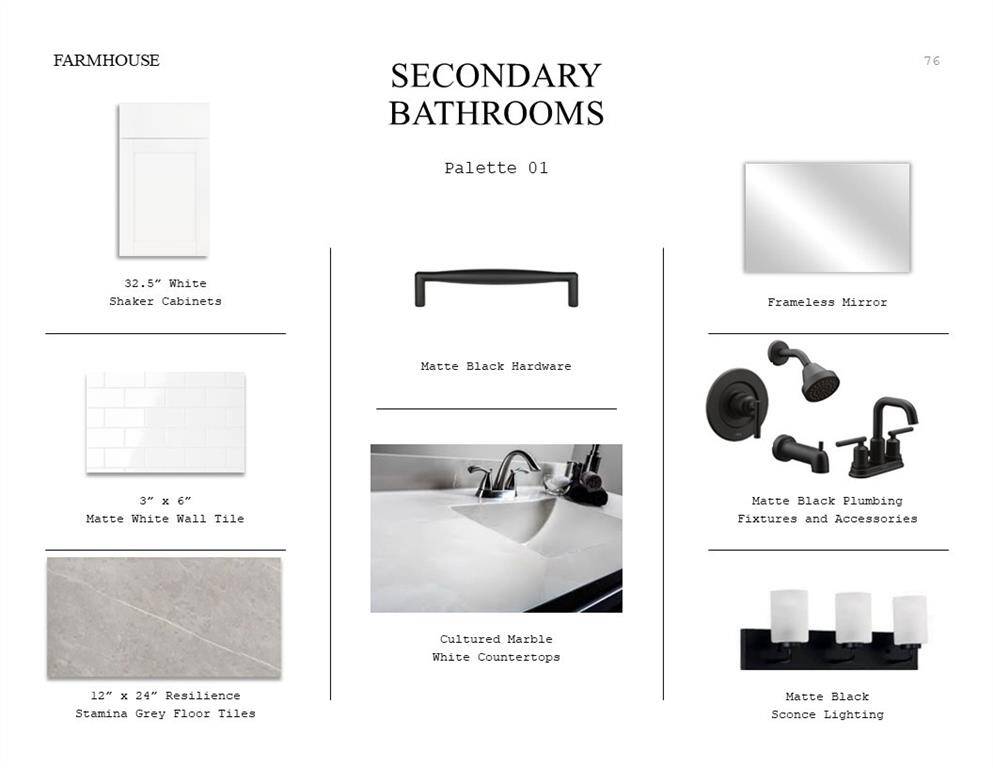 Farmhouse Look Palette 1: Secondary Bathroom Selection Sheet (*Artist rendering used for illustration purposes only.)
