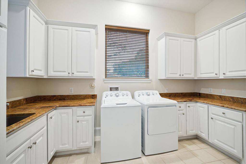 Just off the Back Hallway is the conveniently located UTILITY ROOM with its tile flooring, granite countertops/backsplash, 2 windows with blinds, stainless sink, painted cabinets/drawers, space for washer/dryer and refrigerator.