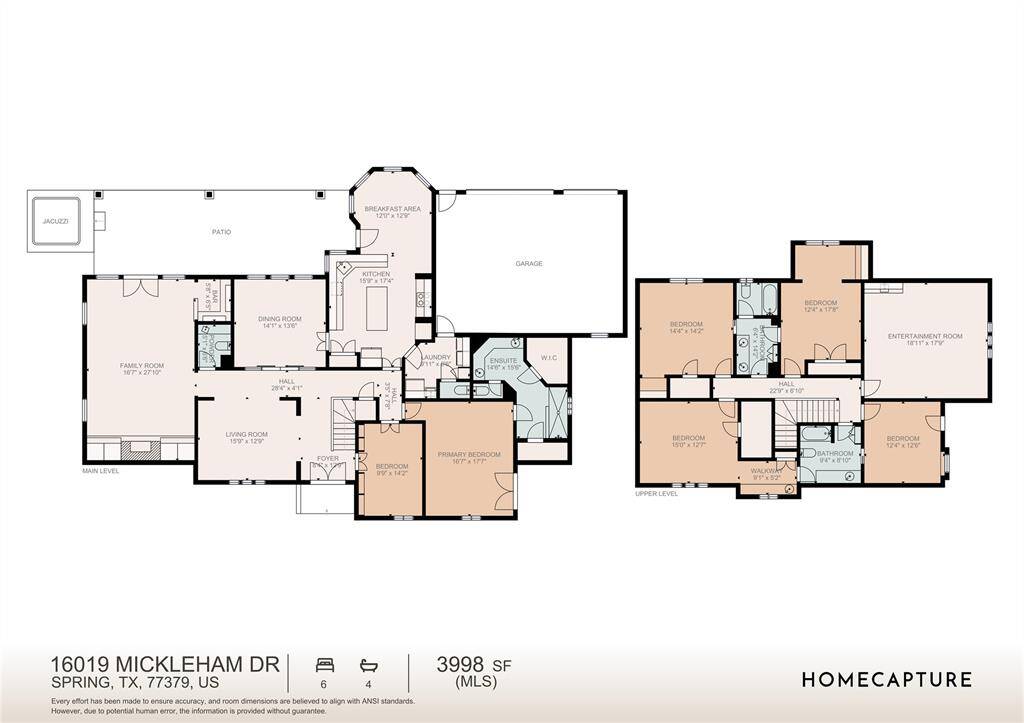 This expansive 3,998 sq ft home in Spring, TX offers 6 bedrooms and 4 bathrooms. The main level boasts a large family room, dining and living areas, a kitchen with a breakfast nook, and a primary suite with an en-suite bathroom. Upstairs features additional bedrooms, bathrooms, and an entertainment room. Enjoy outdoor living with a patio, jacuzzi, and a spacious garage.