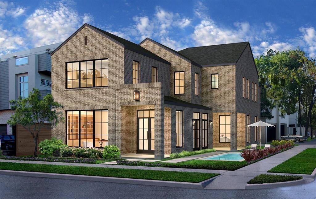 Stunning Transitional home located near the River Oaks Shopping Center Area. This home offers a Paneled Study, Dining Room, Wet-Bar, Family Room, Island Kitchen, Breakfast Area, MUD Area, Built-In Desk Area, Upstairs Media Room, Bedrooms with En-Suite Baths. Side Loading Garage, Brick Exterior, Double Iron Doors with Transoms and Divided Lite Glass Doors. Covered Porch, Gas Lantern, Elevator Capability. Pool in the rendering not included with the price of the home.