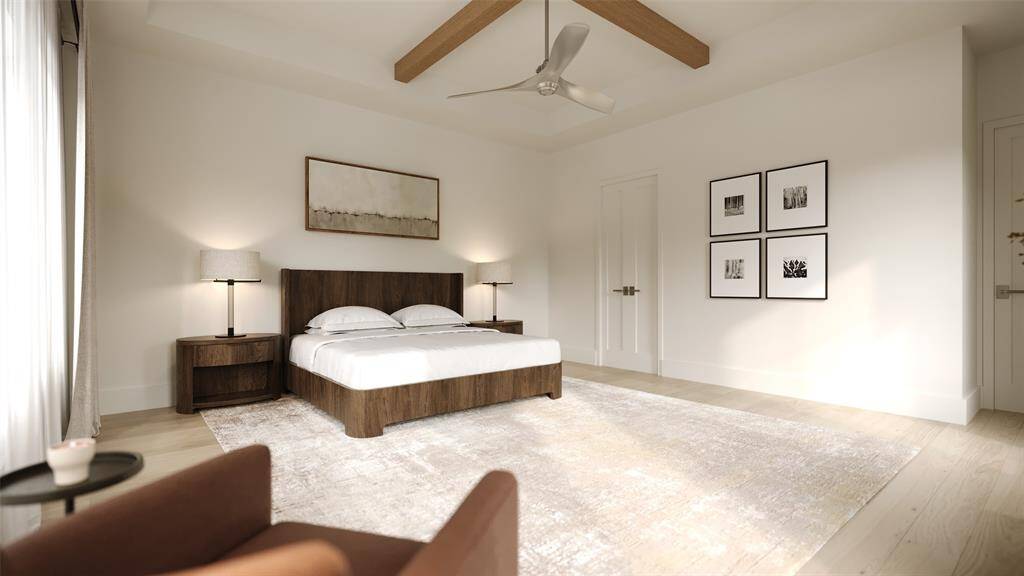 Primary Bedroom with a Coffered Ceiling and Boxed Beams.