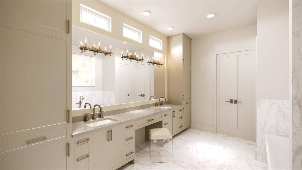 Stunning Primary Bath with 12 x 24 "Themar Venatino Gold" Matte Finish Tile Floor finished in a 45 Degree Herringbone Pattern.  Inset Cabinets/Drawers, Two Linen Storage Cabinets, Slab Quartz Counter, Dual Undermount Sinks, Brizo Widespread Faucets in Luxe Nickel, Vanity Space, Framed Mirror, 3 Light 23" Wide Vanity Lights with Clear Glass Shades.