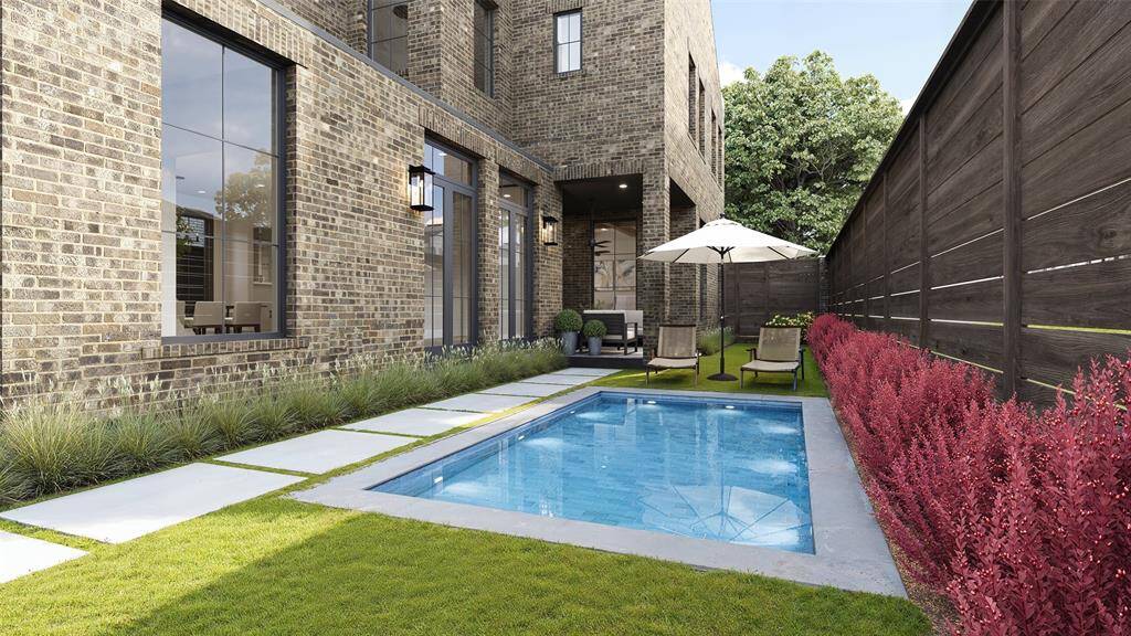 Closer view of the side yard with room for a pool and a partial view of the covered patio.  Pool in the rendering is not included with the price of the home.