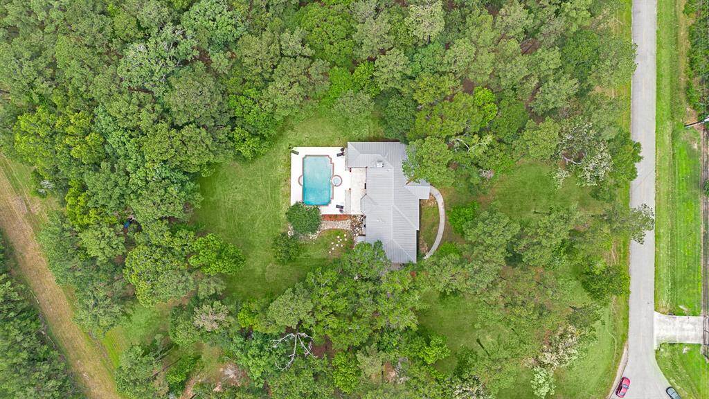 Top-down view of the property with a pool and surrounding greenery