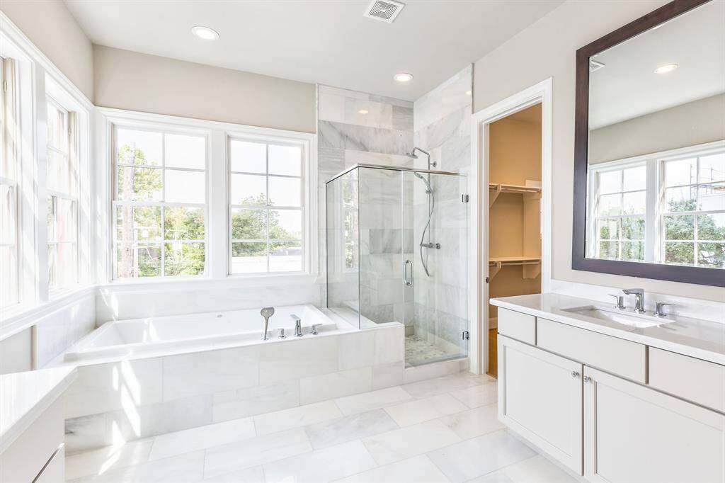 similar bathroom with elegant upgraded real imperial white marble tiles for luxe feel