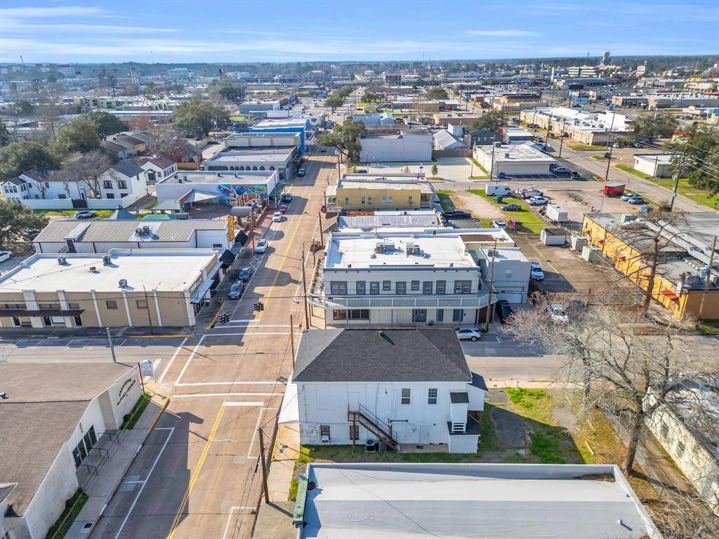 Aerial view showing staircase on east side of building