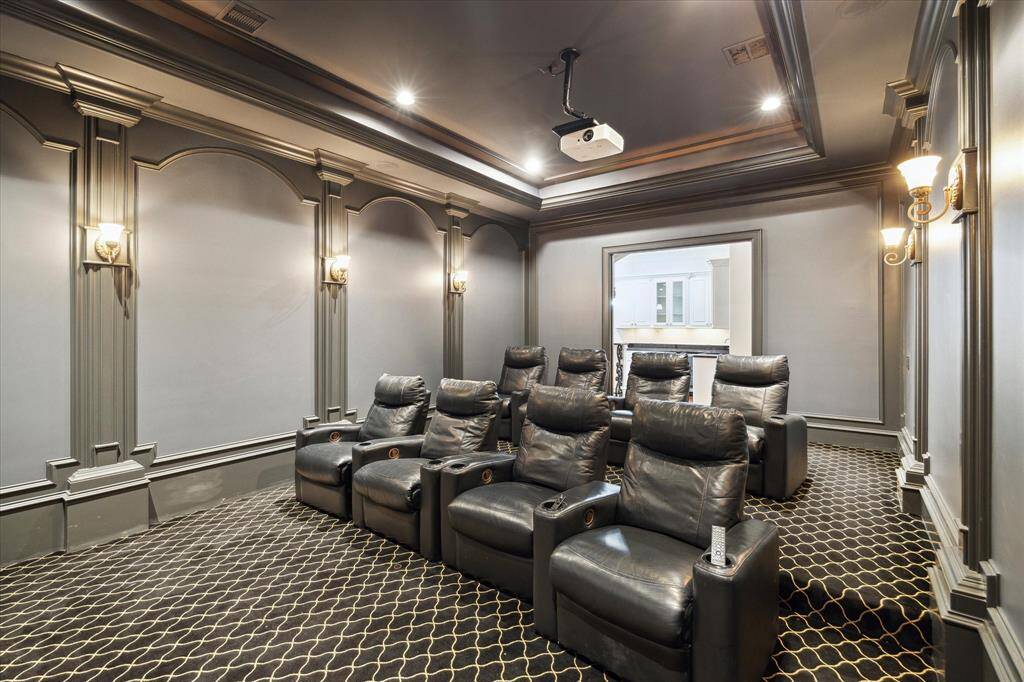 Second floor media room with rows of theater seating and dimmed lighting