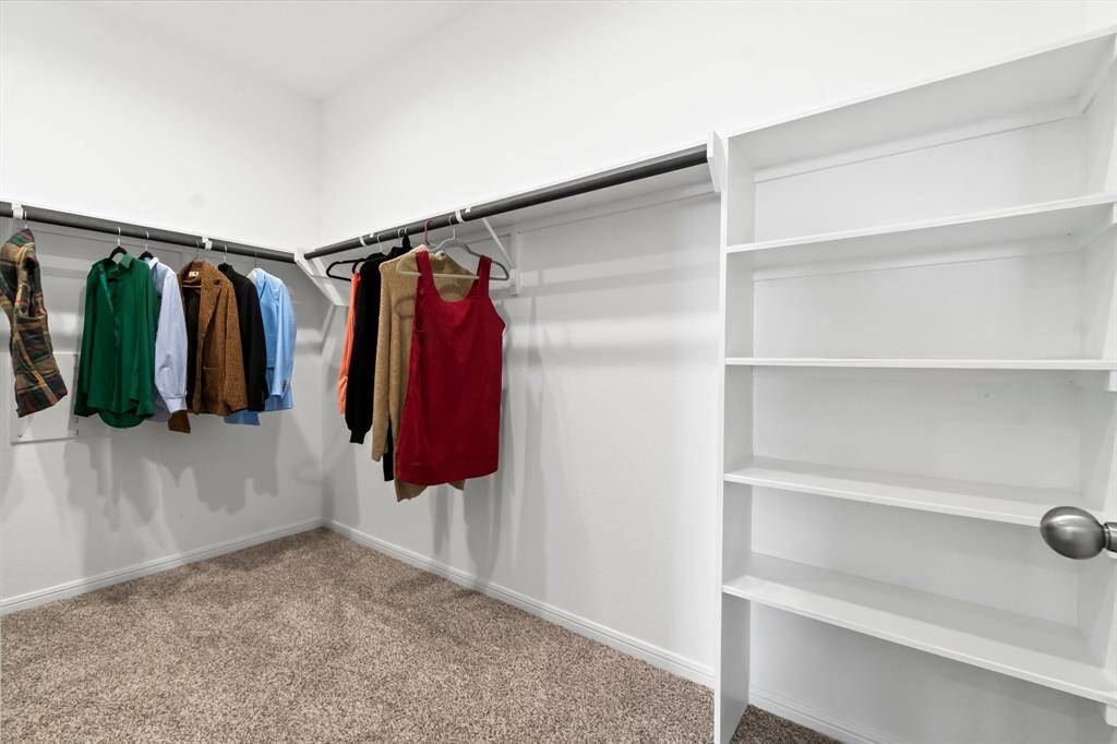 Spacious primary walk-in closet featuring ample hanging space and built-in shelving for organized storage, complemented by plush carpeting and a clean, neutral color palette.
