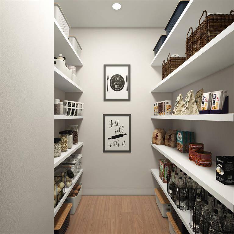 Well Planned - This walk-in pantry is designed to organize your kitchen wears, groceries and appliances. U-shaped surround shelving delivers plenty of storage. It comes with the Option to upgrade to cabinets and counters for kitchen appliances.