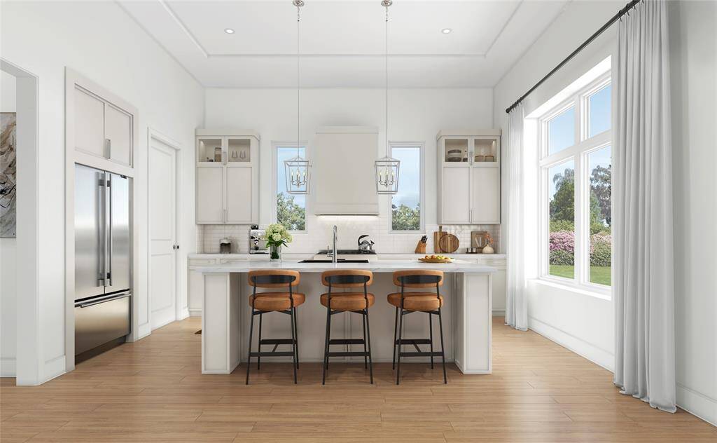 Fully Appointed – Well equipped kitchen comes with painted shaker style cabinets, endless quartz countertops, ceramic backsplash, under counter lighting and eye-catching carriage light pendants hanging over the island, perfect illumination throughout.