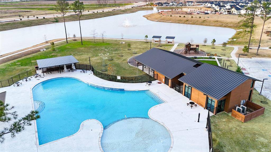 Aerial view of resort-style pool and amenities