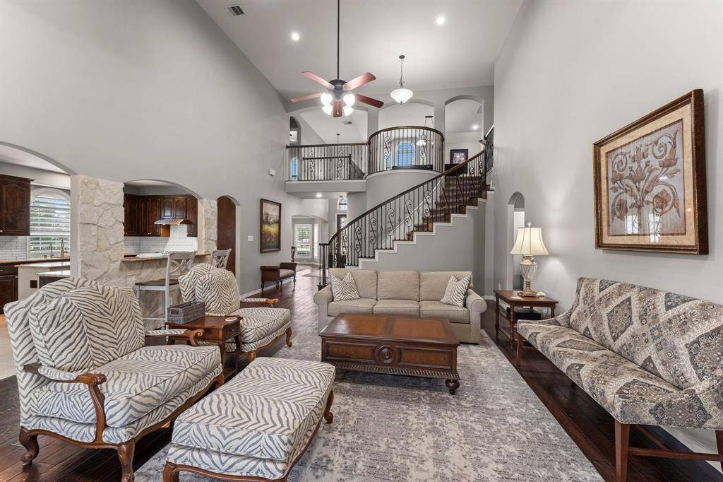 Great view of this grand room from the fireplace.