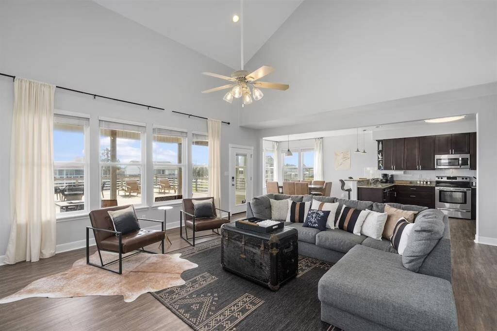The living area is open to the kitchen and dining area.