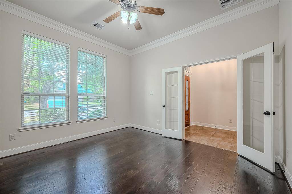 Large, sunny study with French doors