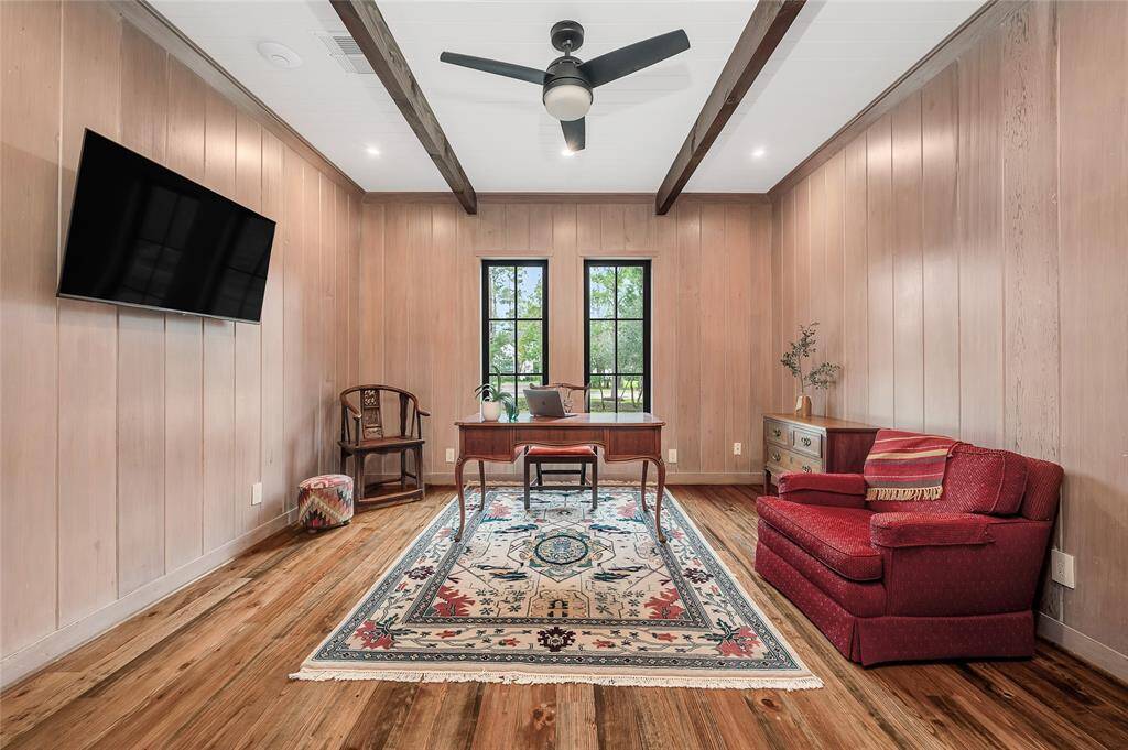 Secondary bedroom currently used as a study has Old Growth Pickled Redwood walls and door