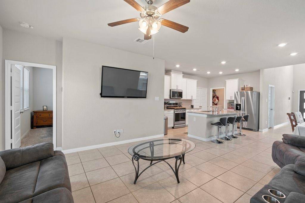 View from the living room into the spacious kitchen.