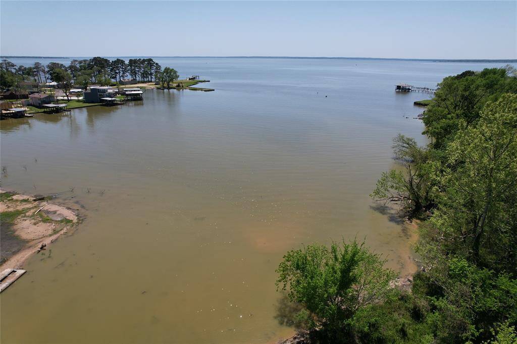 aerial view of lake from tree line on property