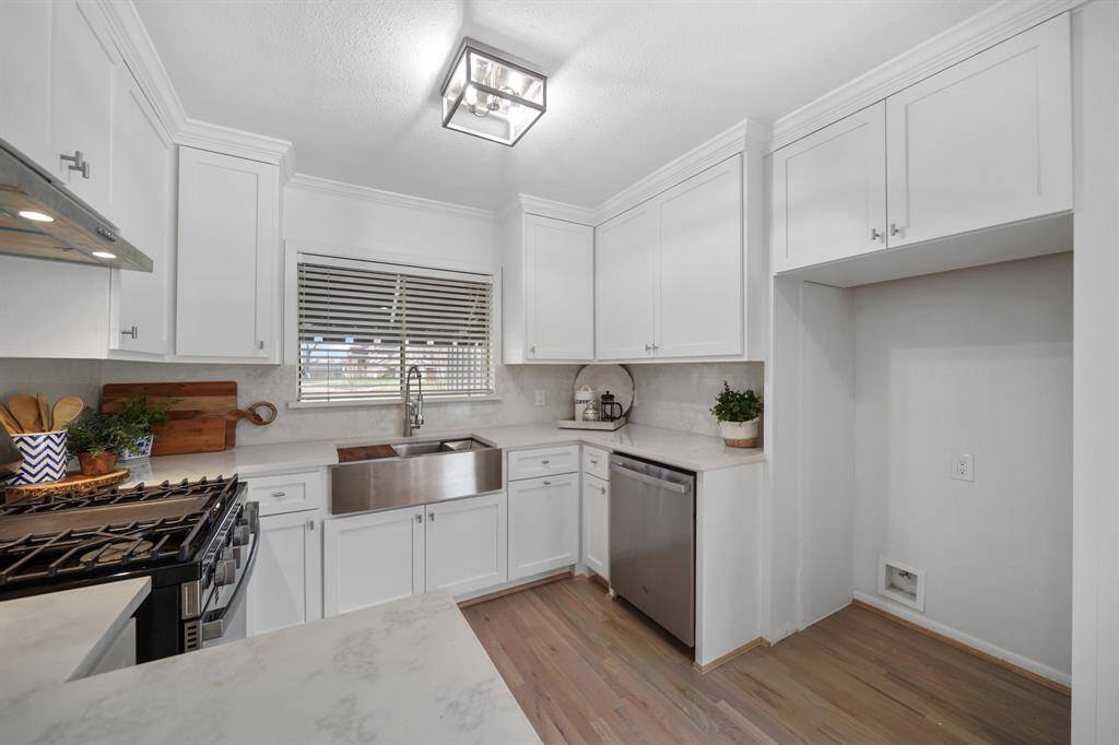 Included is space for a refrigerator with a water line for an automatic ice maker.